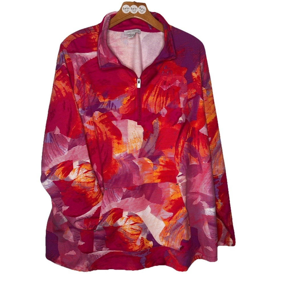 Sport Savvy‎ Printed French Terry 1/4 Zip Tunic 2X Pinks Pullover Top Sweatshirt